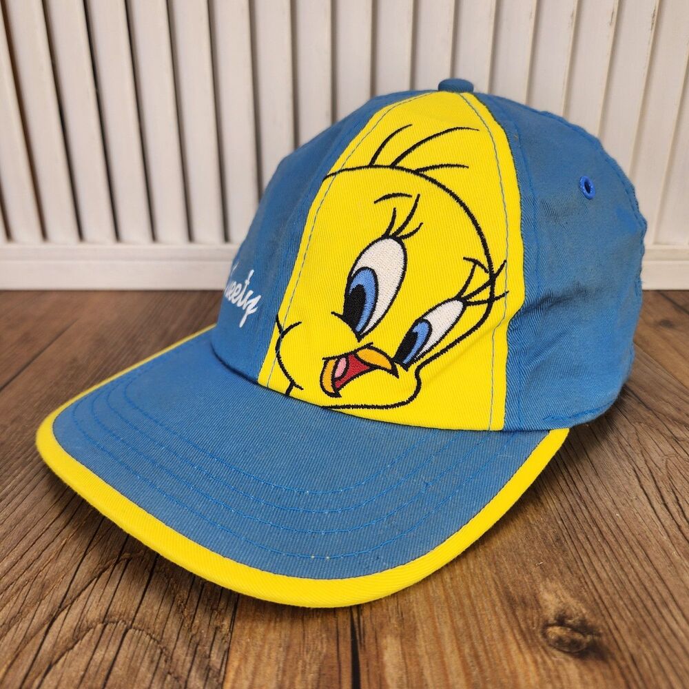 VTG 90s Looney Tunes Tweety Bird Snapback Hat Blue Yellow Adjustable Youth Cap